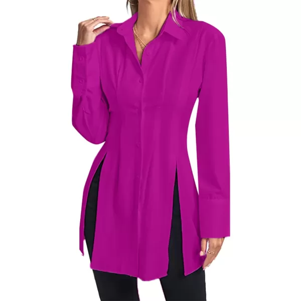 LYANER Women's Collar V Neck Long Sleeve Button Down Slit Hem Long Shirt Blouse Top