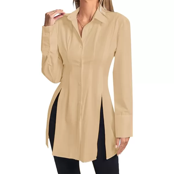LYANER Women's Collar V Neck Long Sleeve Button Down Slit Hem Long Shirt Blouse Top