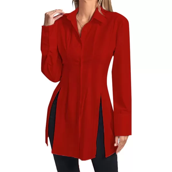 LYANER Women's Collar V Neck Long Sleeve Button Down Slit Hem Long Shirt Blouse Top