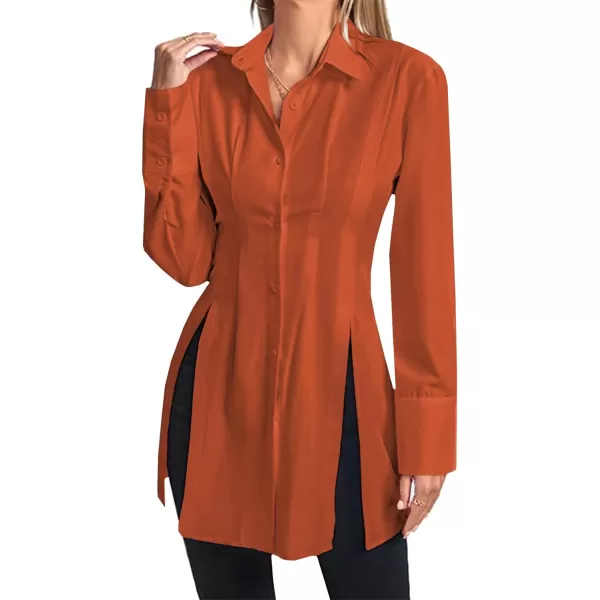 LYANER Women's Collar V Neck Long Sleeve Button Down Slit Hem Long Shirt Blouse Top