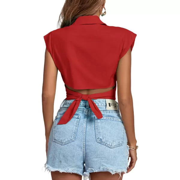 LYANER Women's Collar V Neck Wrap Front Cross Tie Back Cap Sleeve Crop Top Blouse