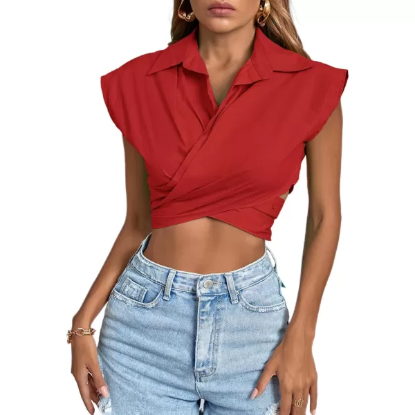 LYANER Women's Collar V Neck Wrap Front Cross Tie Back Cap Sleeve Crop Top Blouse