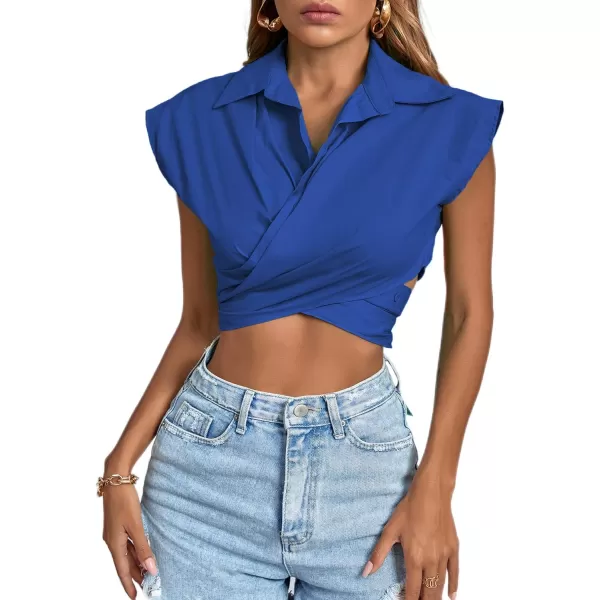 LYANER Women's Collar V Neck Wrap Front Cross Tie Back Cap Sleeve Crop Top Blouse