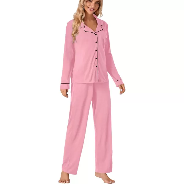 LYANER Women's Comfy PJ Set 2 Piece V Neck Long Sleeve Button Down Sleepwear Lounge Pajama Sets