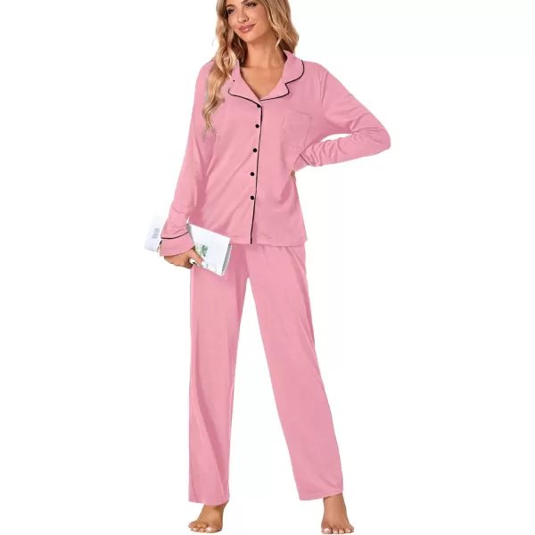 LYANER Women's Comfy PJ Set 2 Piece V Neck Long Sleeve Button Down Sleepwear Lounge Pajama Sets