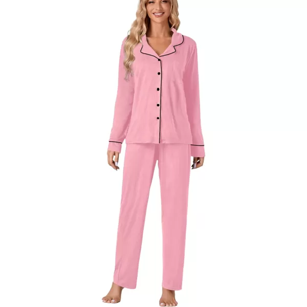 LYANER Women's Comfy PJ Set 2 Piece V Neck Long Sleeve Button Down Sleepwear Lounge Pajama Sets