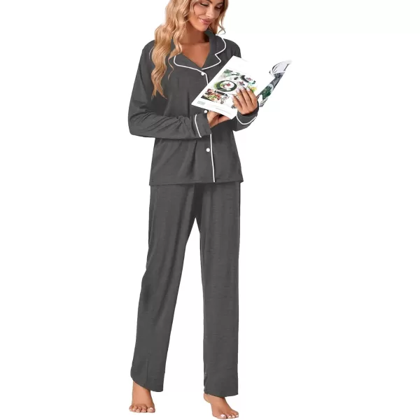 LYANER Women's Comfy PJ Set 2 Piece V Neck Long Sleeve Button Down Sleepwear Lounge Pajama Sets