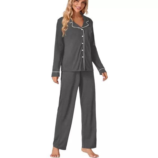 LYANER Women's Comfy PJ Set 2 Piece V Neck Long Sleeve Button Down Sleepwear Lounge Pajama Sets