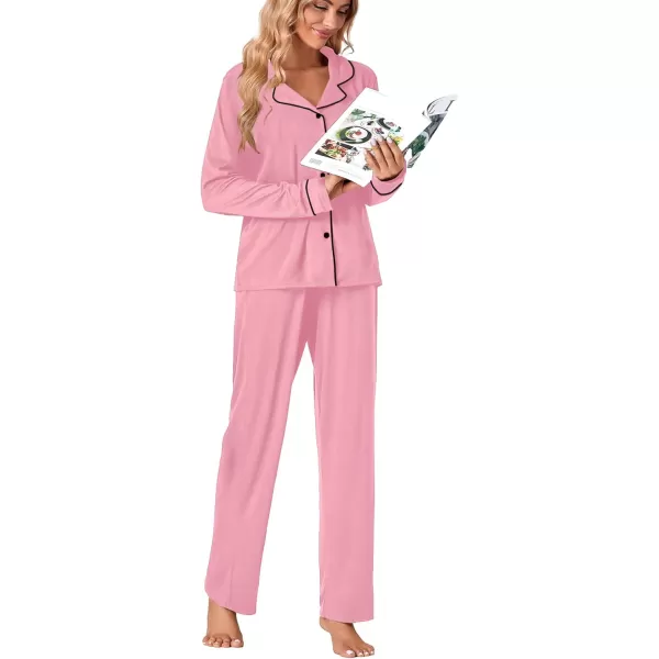 LYANER Women's Comfy PJ Set 2 Piece V Neck Long Sleeve Button Down Sleepwear Lounge Pajama Sets