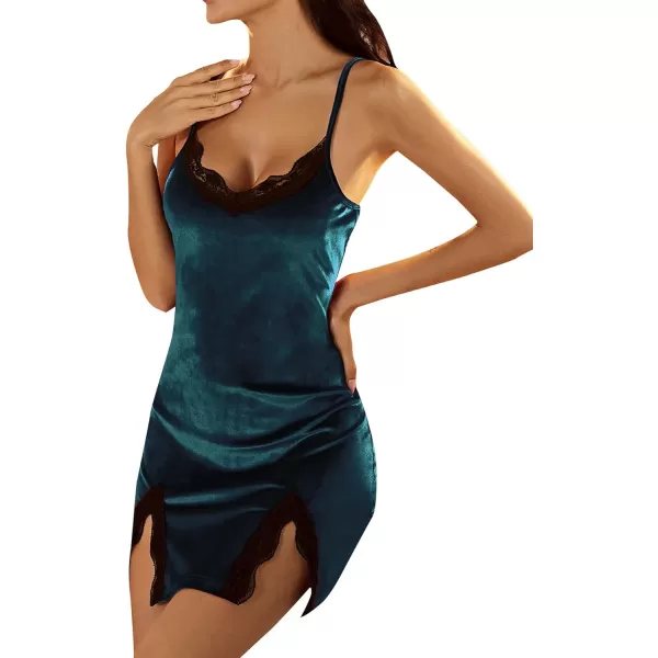 LYANER Women's Contrast Lace Split Hem Sleeveless Velvet Chemise Nightgown Nightdress Sleepwear