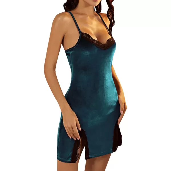 LYANER Women's Contrast Lace Split Hem Sleeveless Velvet Chemise Nightgown Nightdress Sleepwear