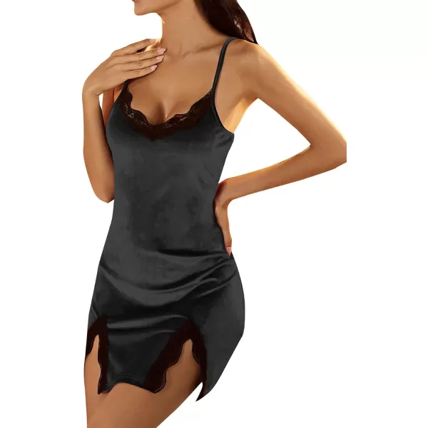 LYANER Women's Contrast Lace Split Hem Sleeveless Velvet Chemise Nightgown Nightdress Sleepwear