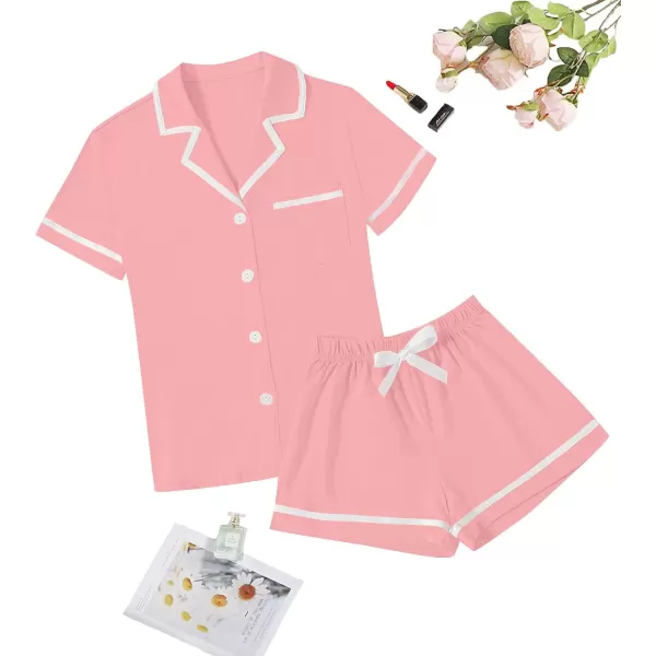 LYANER Women's Cotton Pajamas Set Button Short Sleeve Shirt with Shorts Set PJs Loungewear