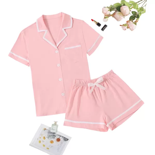 LYANER Women's Cotton Pajamas Set Button Short Sleeve Shirt with Shorts Set PJs Loungewear