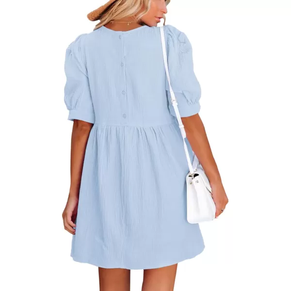 LYANER Women's Crewneck High Waist Puff Short Sleeve Button Back Babydoll A-line Mini Dress with Pocket