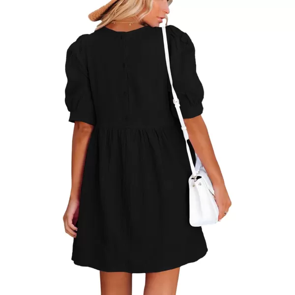 LYANER Women's Crewneck High Waist Puff Short Sleeve Button Back Babydoll A-line Mini Dress with Pocket