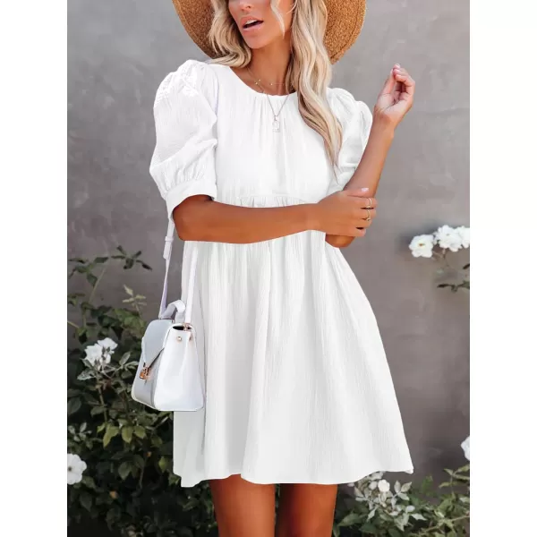 LYANER Women's Crewneck High Waist Puff Short Sleeve Button Back Babydoll A-line Mini Dress with Pocket