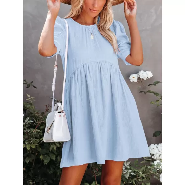 LYANER Women's Crewneck High Waist Puff Short Sleeve Button Back Babydoll A-line Mini Dress with Pocket
