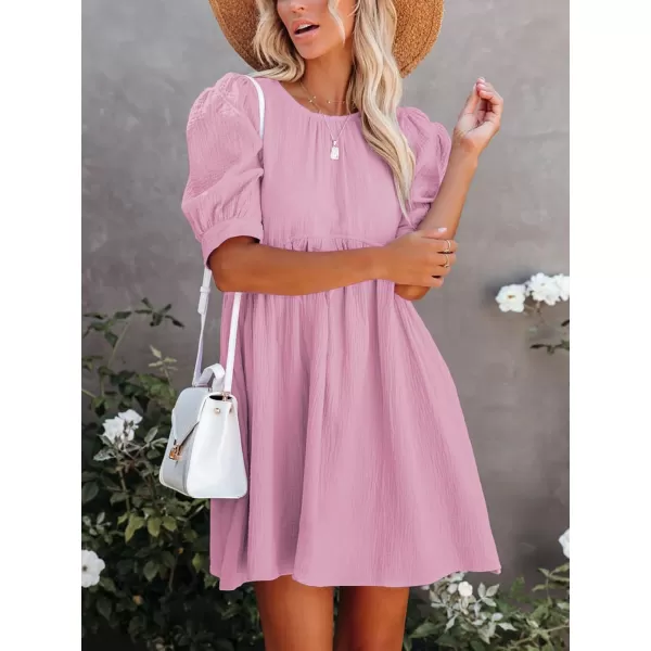 LYANER Women's Crewneck High Waist Puff Short Sleeve Button Back Babydoll A-line Mini Dress with Pocket