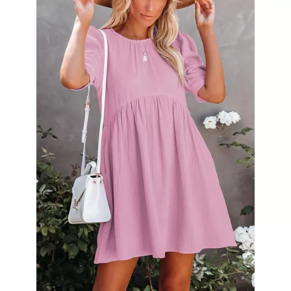 LYANER Women's Crewneck High Waist Puff Short Sleeve Button Back Babydoll A-line Mini Dress with Pocket