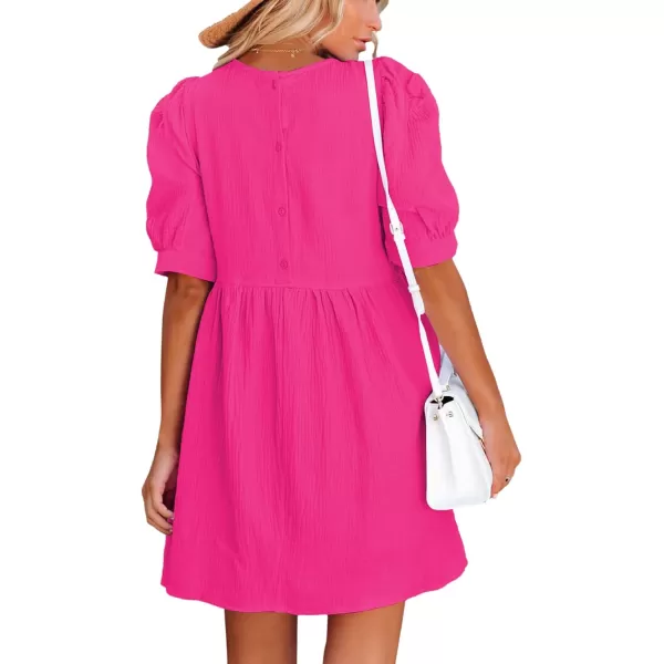 LYANER Women's Crewneck High Waist Puff Short Sleeve Button Back Babydoll A-line Mini Dress with Pocket