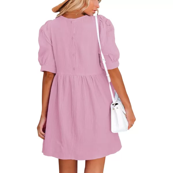 LYANER Women's Crewneck High Waist Puff Short Sleeve Button Back Babydoll A-line Mini Dress with Pocket
