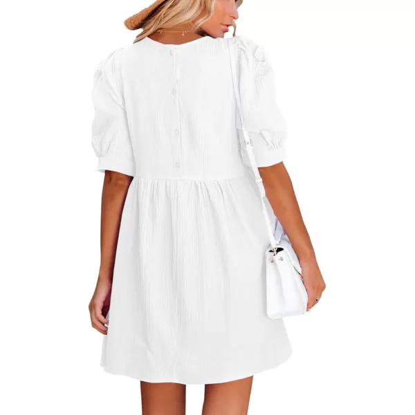 LYANER Women's Crewneck High Waist Puff Short Sleeve Button Back Babydoll A-line Mini Dress with Pocket