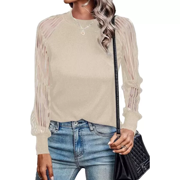LYANER Women's Crewneck Mesh Lace Long Sleeve Knit Ribbed Top Blouse Sweater