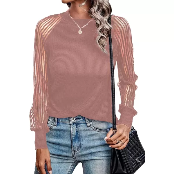 LYANER Women's Crewneck Mesh Lace Long Sleeve Knit Ribbed Top Blouse Sweater