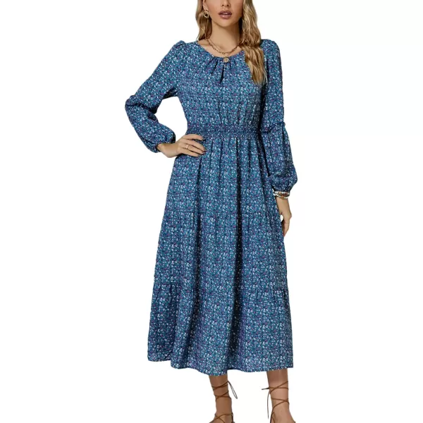 LYANER Women's Crewneck Puff Long Sleeve High Waist Floral Print Swing Flowy Midi Dress