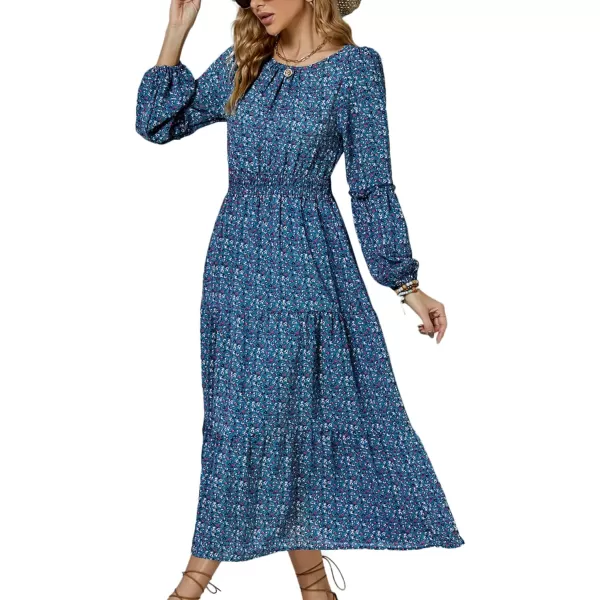 LYANER Women's Crewneck Puff Long Sleeve High Waist Floral Print Swing Flowy Midi Dress