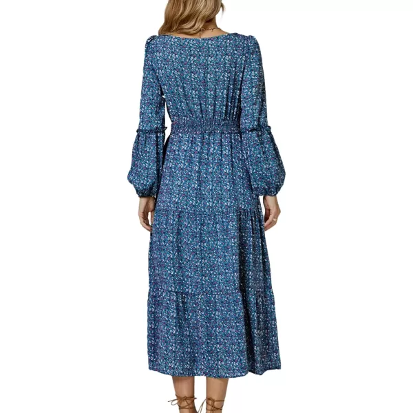 LYANER Women's Crewneck Puff Long Sleeve High Waist Floral Print Swing Flowy Midi Dress