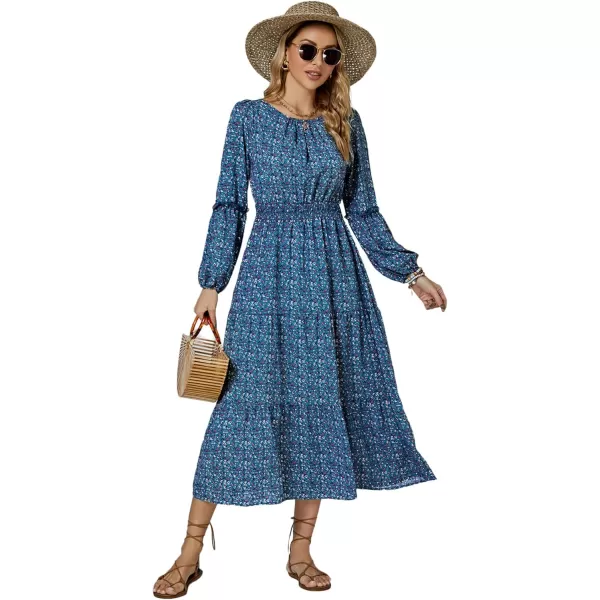 LYANER Women's Crewneck Puff Long Sleeve High Waist Floral Print Swing Flowy Midi Dress