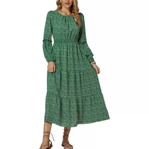 LYANER Women's Crewneck Puff Long Sleeve High Waist Floral Print Swing Flowy Midi Dress