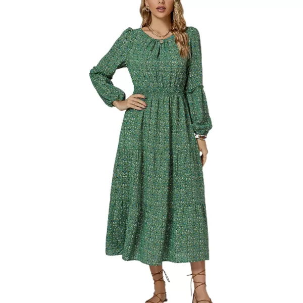 LYANER Women's Crewneck Puff Long Sleeve High Waist Floral Print Swing Flowy Midi Dress