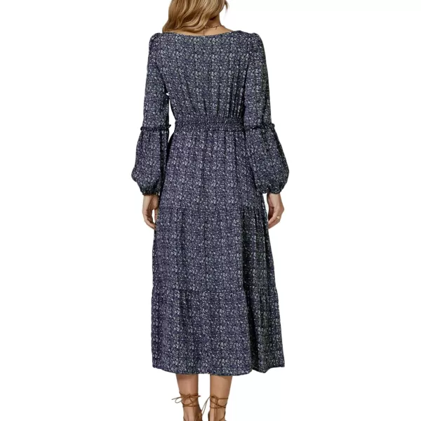 LYANER Women's Crewneck Puff Long Sleeve High Waist Floral Print Swing Flowy Midi Dress