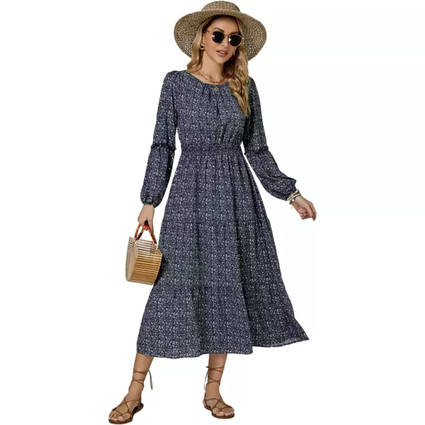 LYANER Women's Crewneck Puff Long Sleeve High Waist Floral Print Swing Flowy Midi Dress
