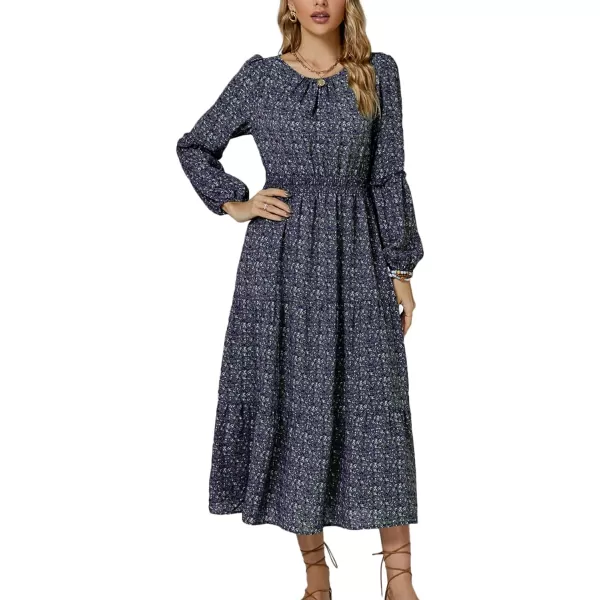 LYANER Women's Crewneck Puff Long Sleeve High Waist Floral Print Swing Flowy Midi Dress