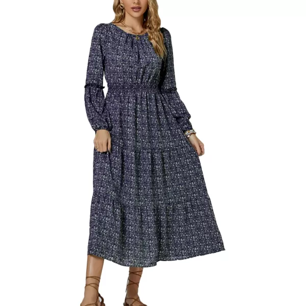LYANER Women's Crewneck Puff Long Sleeve High Waist Floral Print Swing Flowy Midi Dress
