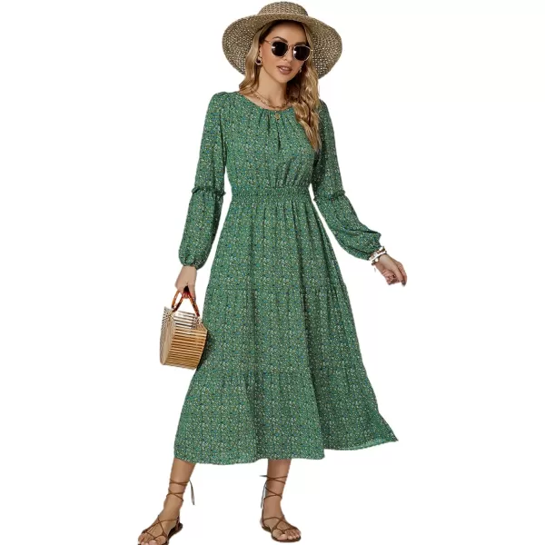 LYANER Women's Crewneck Puff Long Sleeve High Waist Floral Print Swing Flowy Midi Dress