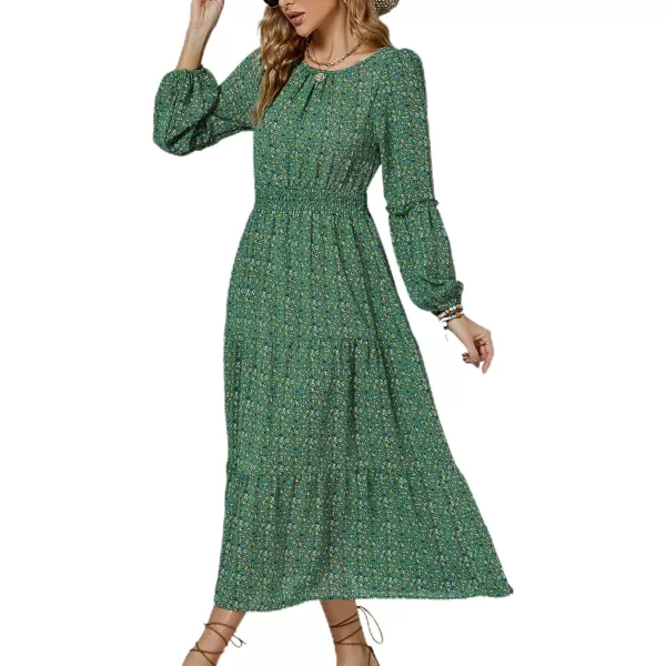 LYANER Women's Crewneck Puff Long Sleeve High Waist Floral Print Swing Flowy Midi Dress