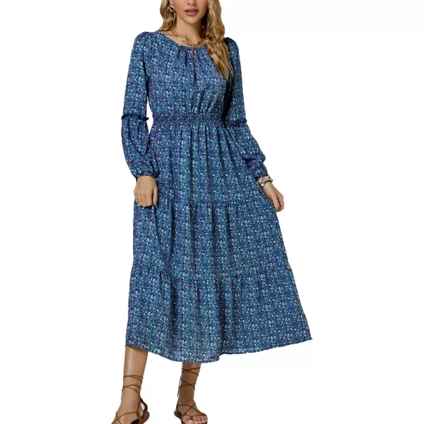 LYANER Women's Crewneck Puff Long Sleeve High Waist Floral Print Swing Flowy Midi Dress