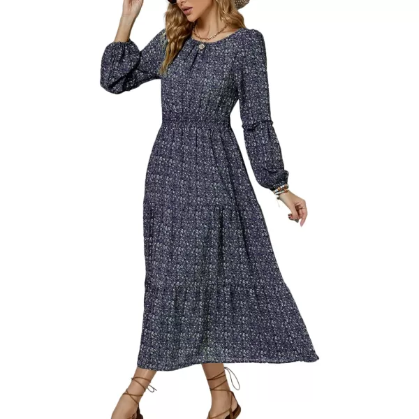 LYANER Women's Crewneck Puff Long Sleeve High Waist Floral Print Swing Flowy Midi Dress