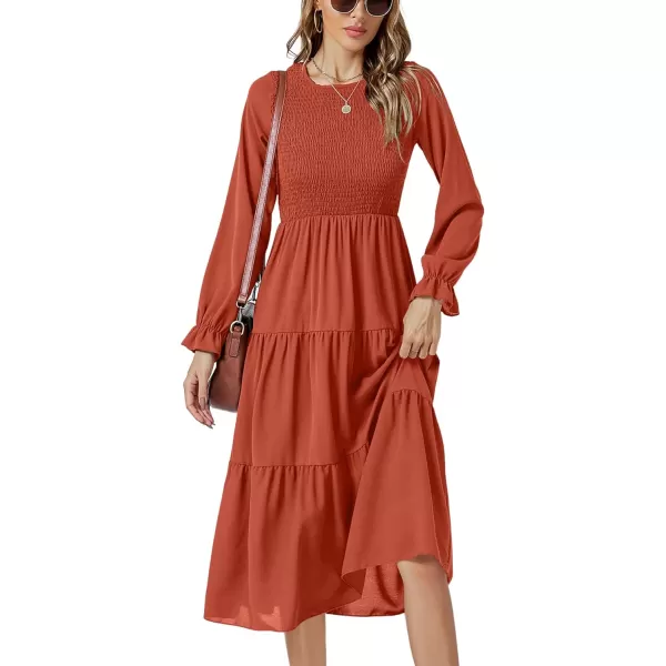 LYANER Women's Crewneck Shirred Dress High Waist Ruffle Long Sleeve Flowy A-line Midi Dresses