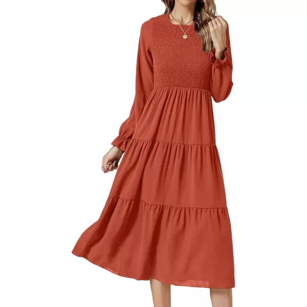 LYANER Women's Crewneck Shirred Dress High Waist Ruffle Long Sleeve Flowy A-line Midi Dresses