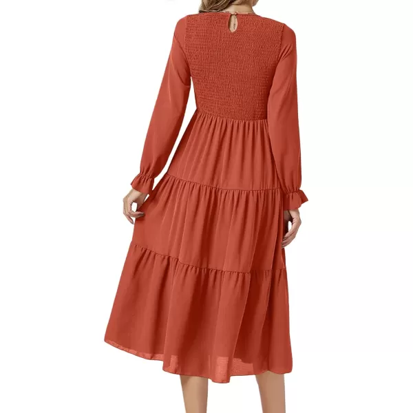 LYANER Women's Crewneck Shirred Dress High Waist Ruffle Long Sleeve Flowy A-line Midi Dresses