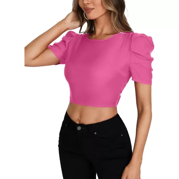 LYANER Women's Crewneck Short Puff Sleeve Backless Tie Up Back Crop Top Shirts Blouse
