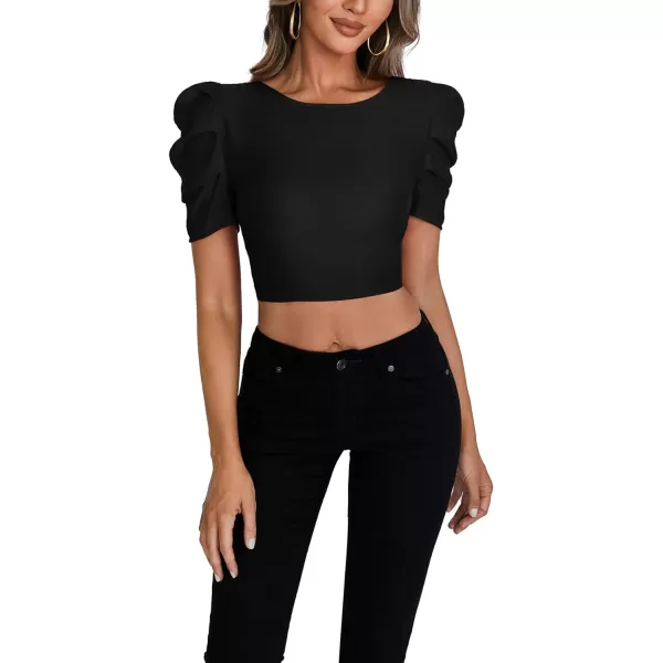 LYANER Women's Crewneck Short Puff Sleeve Backless Tie Up Back Crop Top Shirts Blouse
