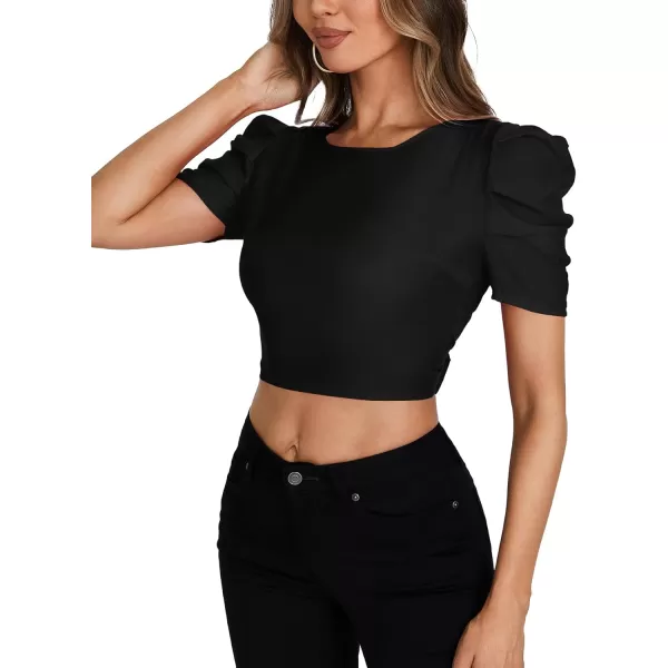 LYANER Women's Crewneck Short Puff Sleeve Backless Tie Up Back Crop Top Shirts Blouse