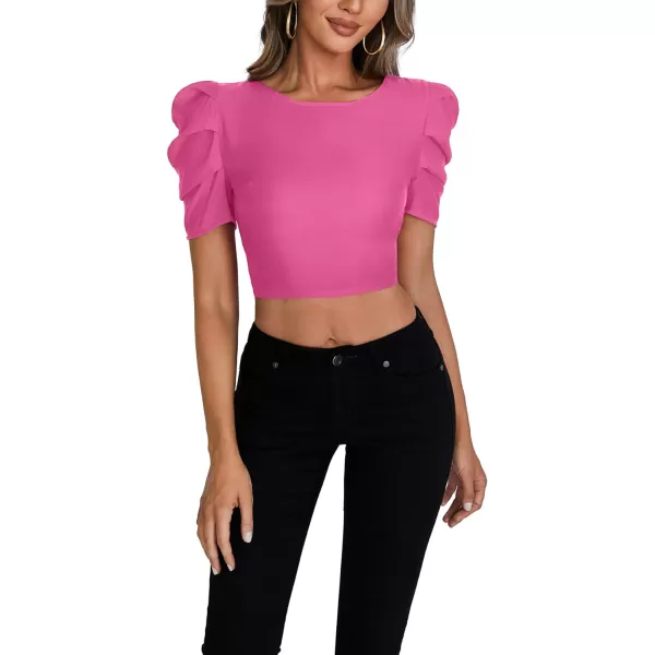 LYANER Women's Crewneck Short Puff Sleeve Backless Tie Up Back Crop Top Shirts Blouse